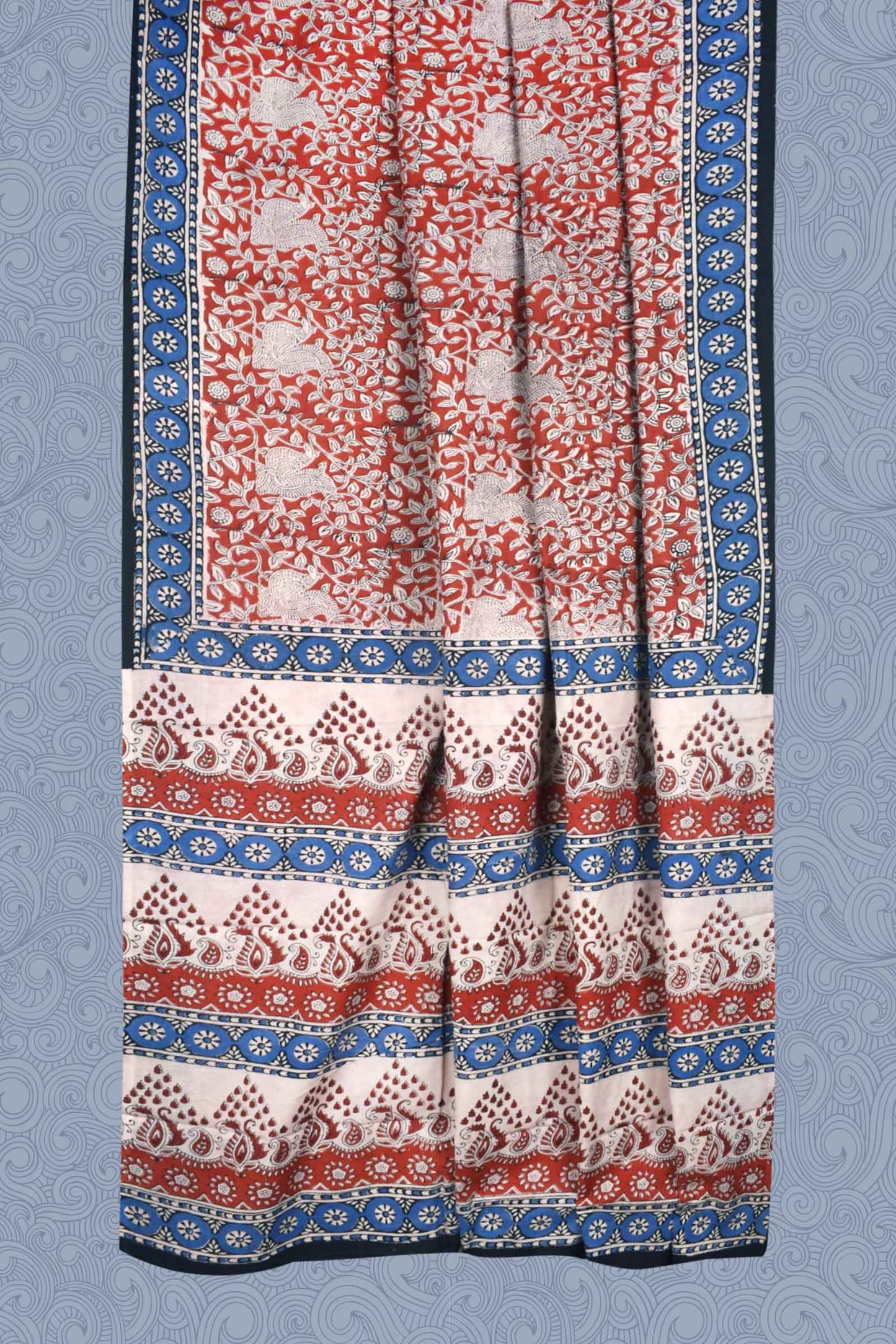 Red Blue Jaipur Cotton Print Saree