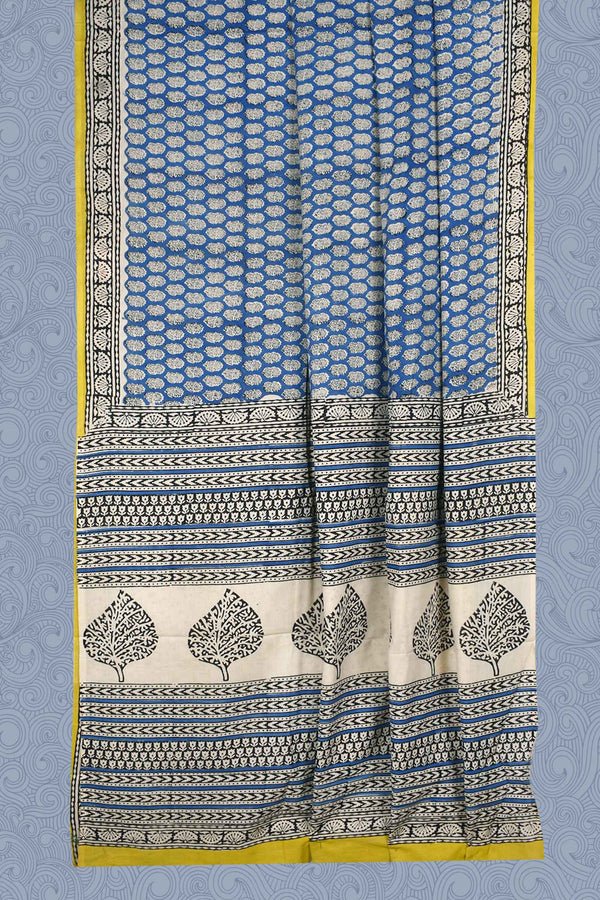 Blue Yellow Jaipur Cotton Print Saree