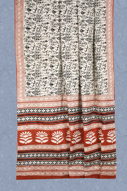 Off White Figures Jaipur Cotton Print Saree