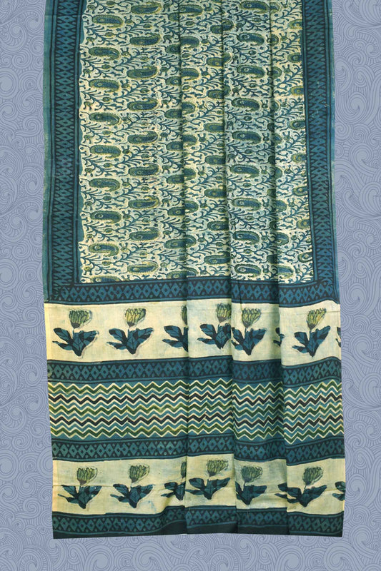 Light Green Jaipur Cotton Ajrakh Print Saree