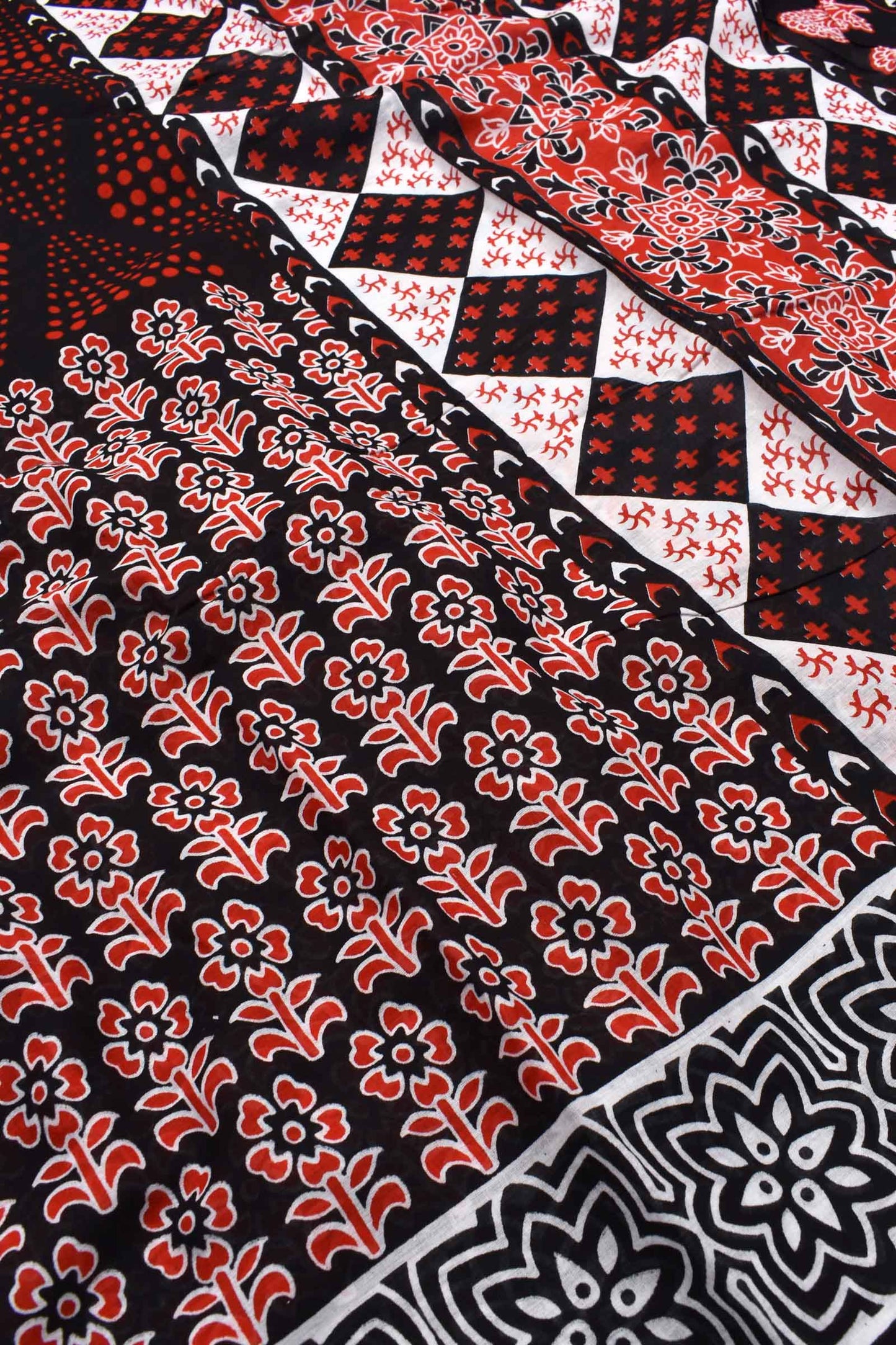 Black Red Jaipur Cotton Mul Mul Saree