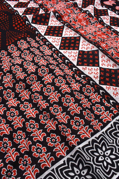 Black Red Jaipur Cotton Mul Mul Saree