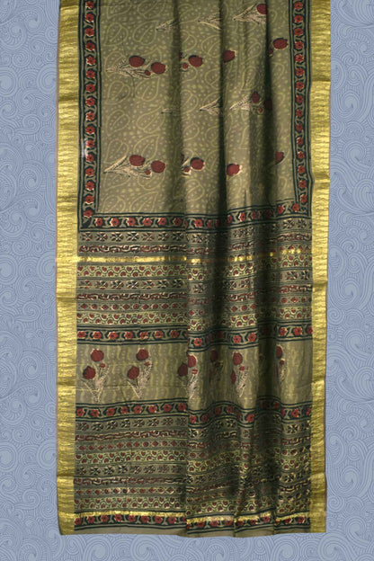 Green Chanderi Ajrakh Print Saree