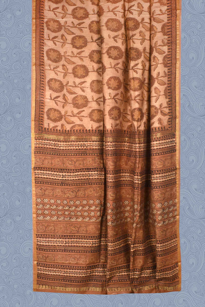 Light Brown Chanderi Ajrakh Print Saree