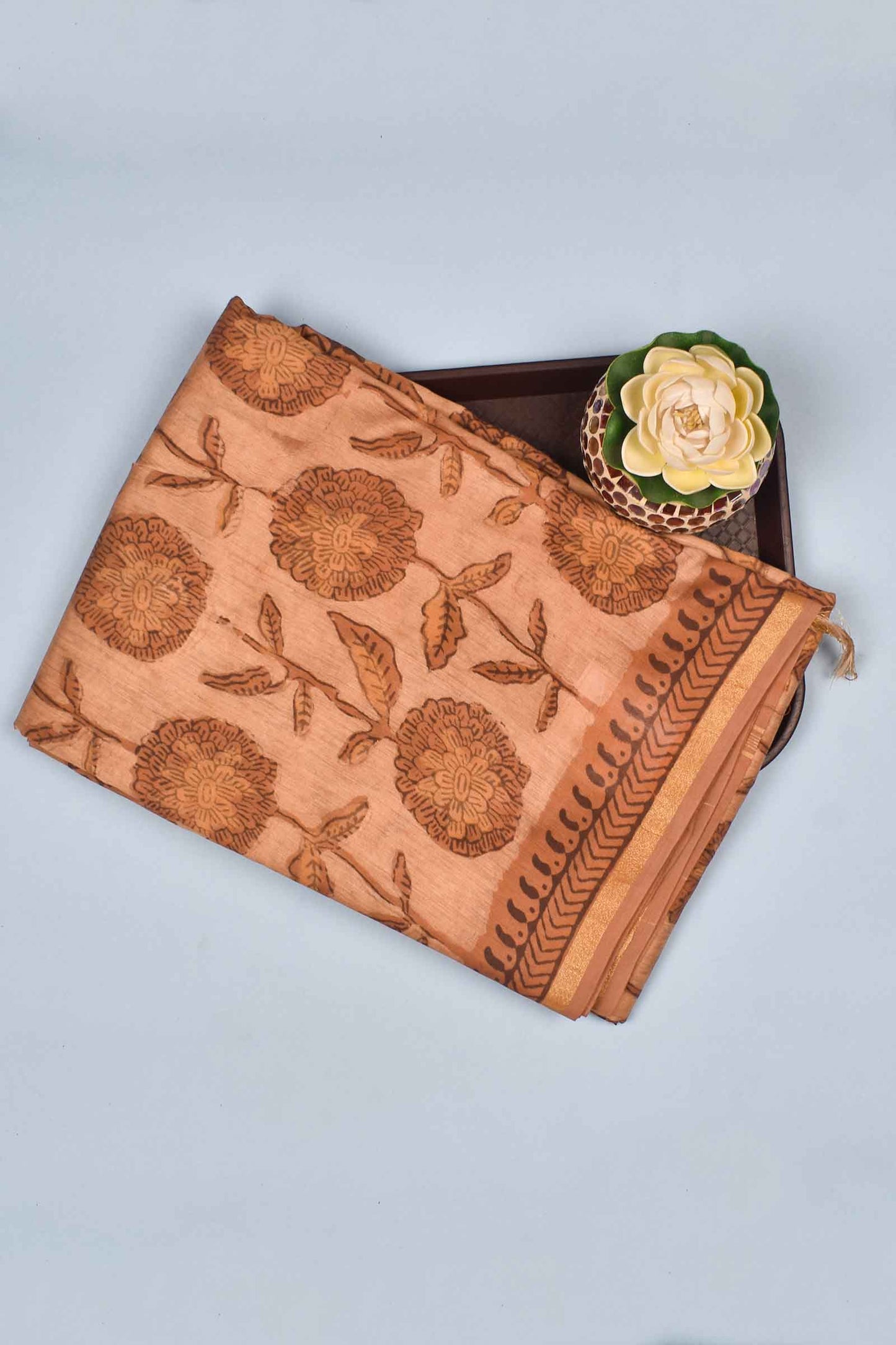 Light Brown Chanderi Ajrakh Print Saree