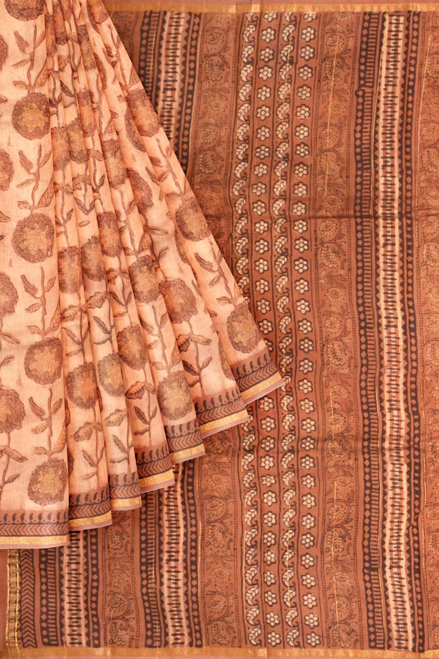 Light Brown Chanderi Ajrakh Print Saree