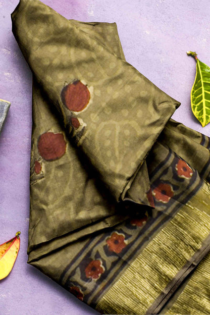 Green Chanderi Ajrakh Print Saree