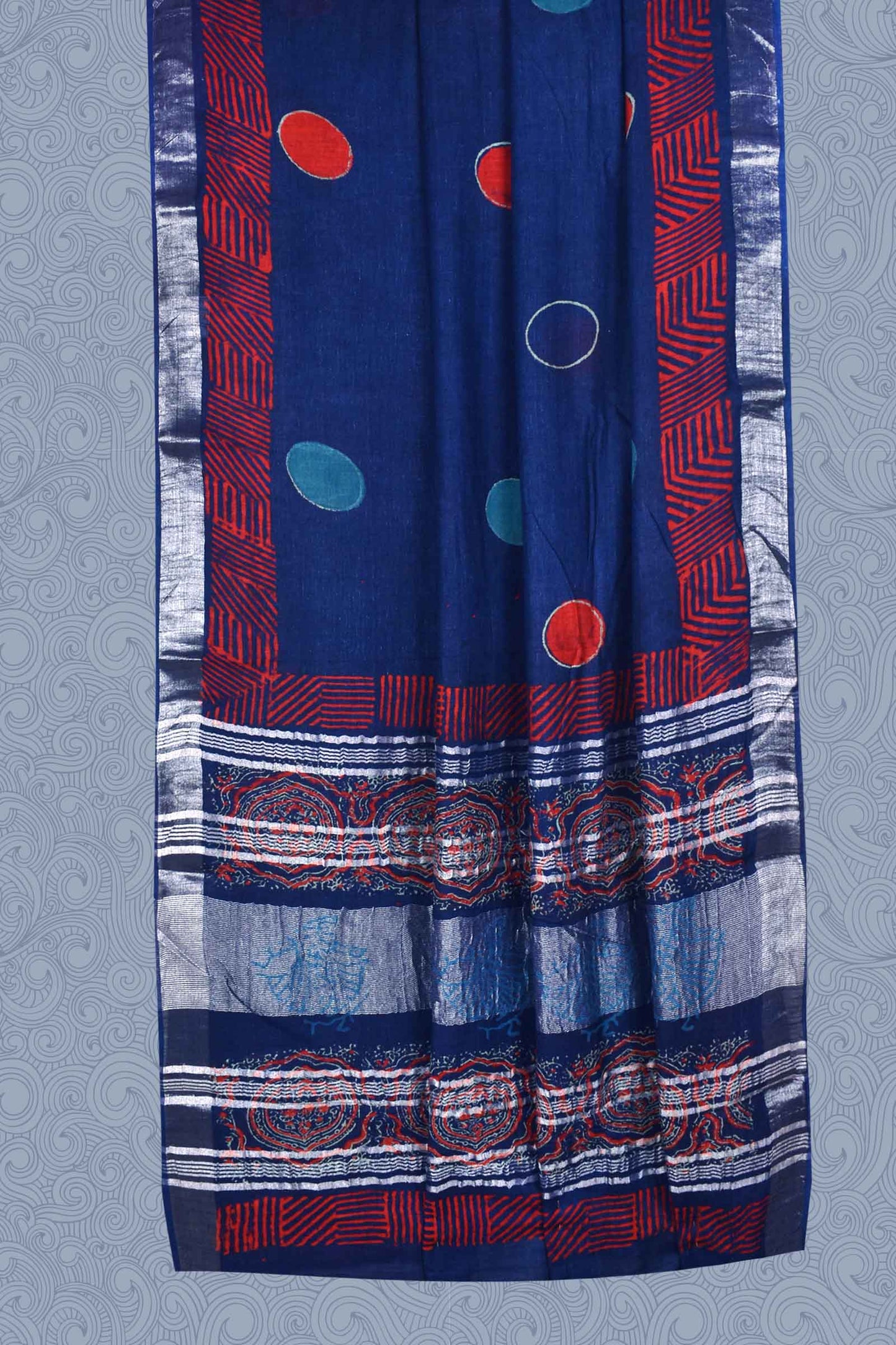 Blue Red Jaipur Cotton Slub Saree