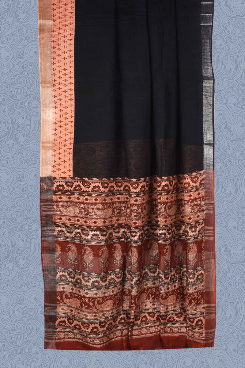 Black Red Print Jaipur Cotton Slub Saree