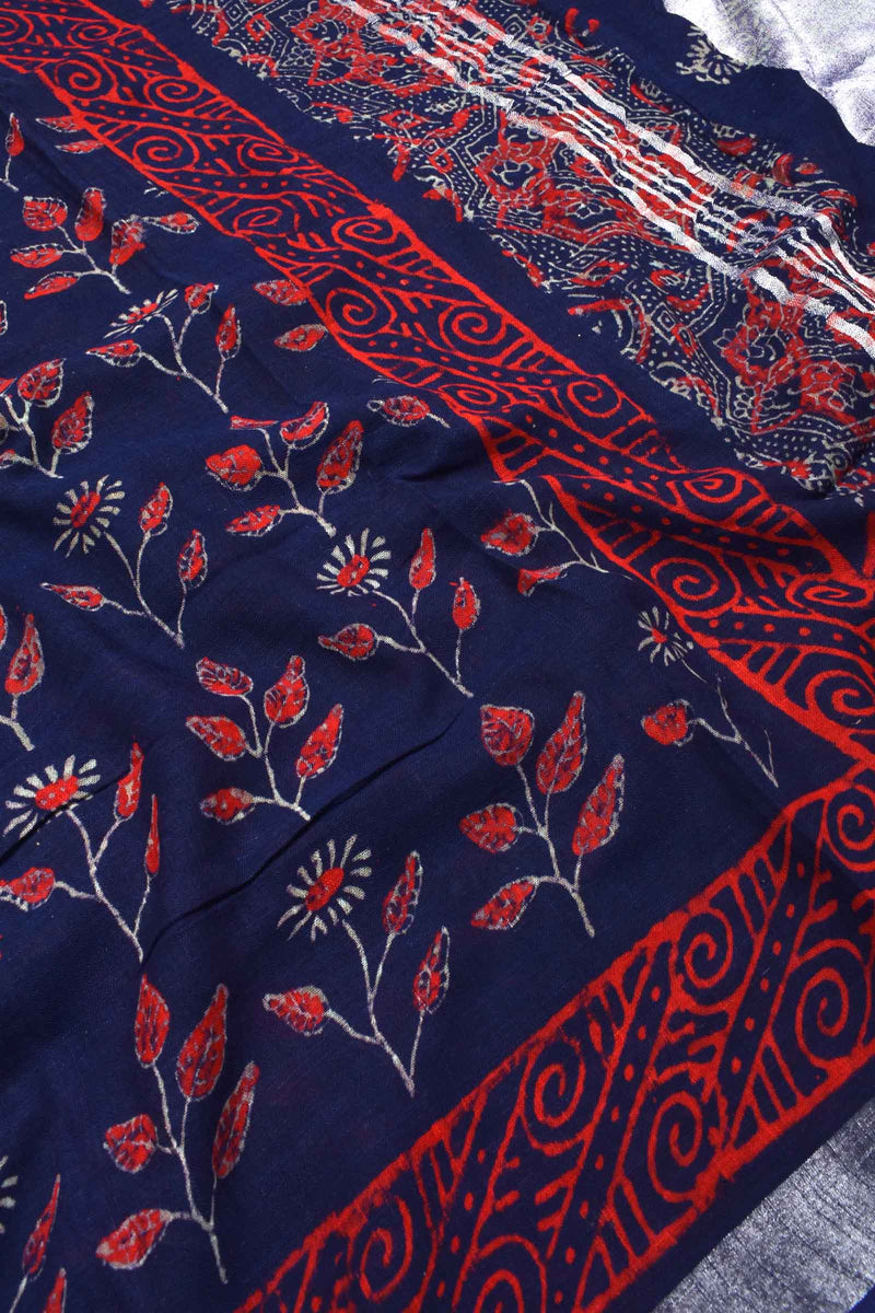 Blue Red Flower Jaipur Cotton Slub Saree