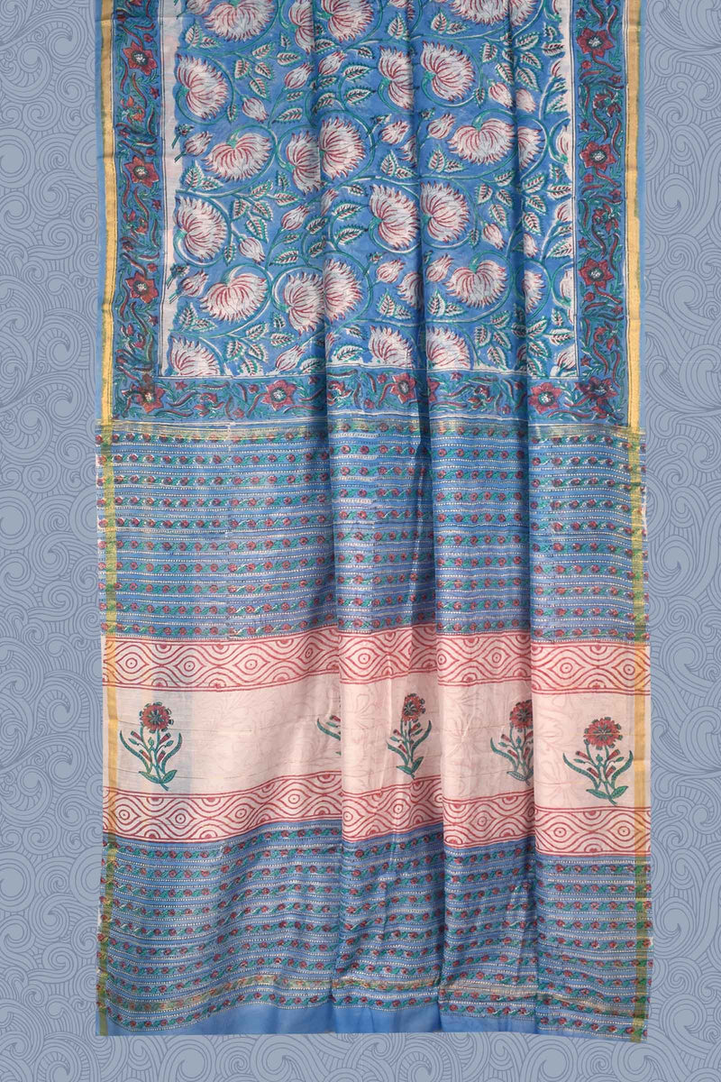 Blue Flower Chanderi Small Jari Border Saree