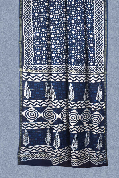 Blue White Chanderi Small Jari Border Saree