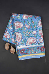 Blue Flower Chanderi Small Jari Border Saree