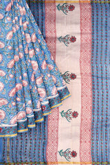 Blue Flower Chanderi Small Jari Border Saree