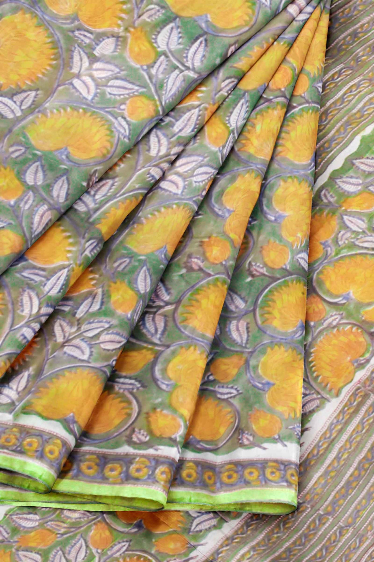 Light Green Flower Chanderi Small Jari Border Saree