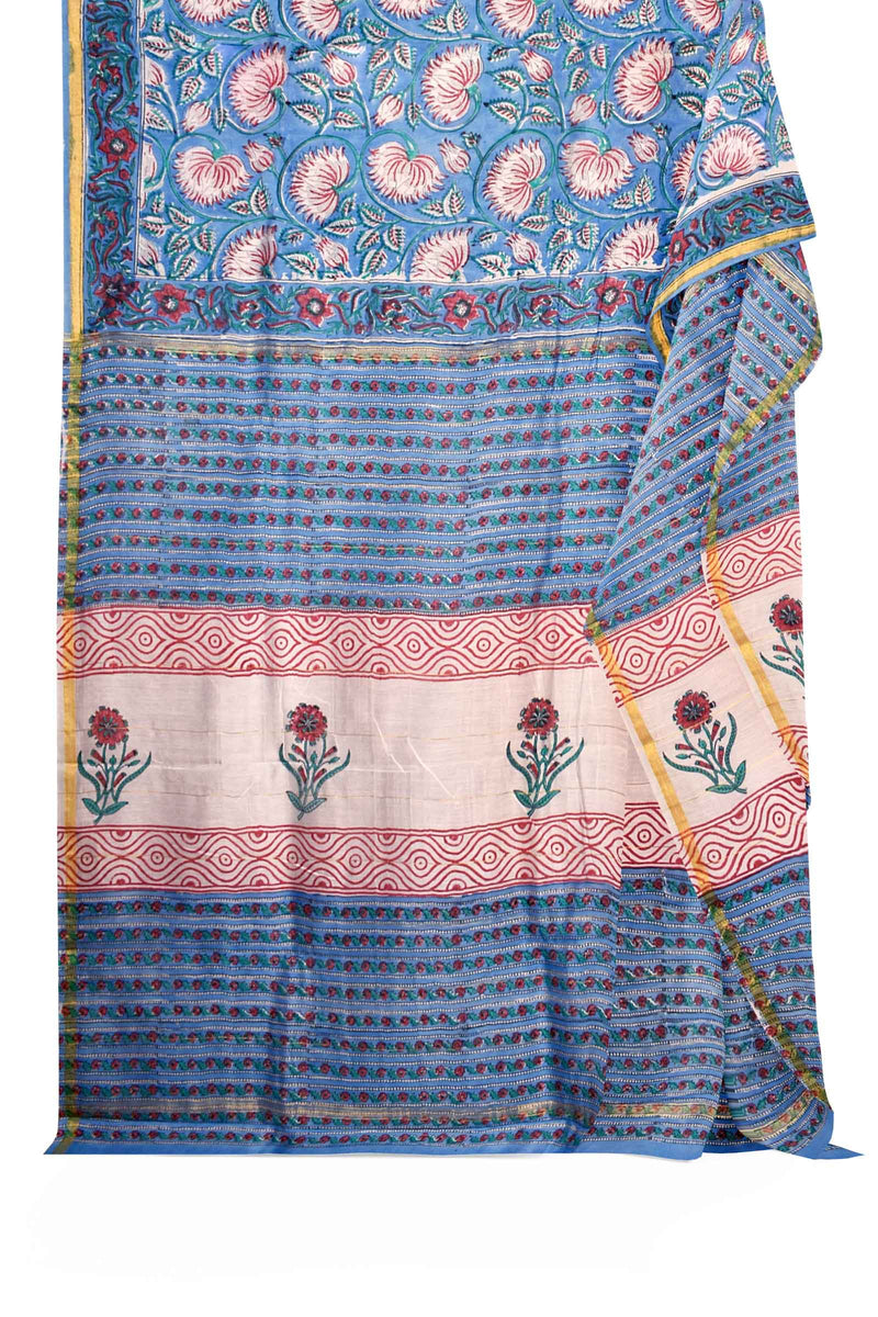 Blue Flower Chanderi Small Jari Border Saree