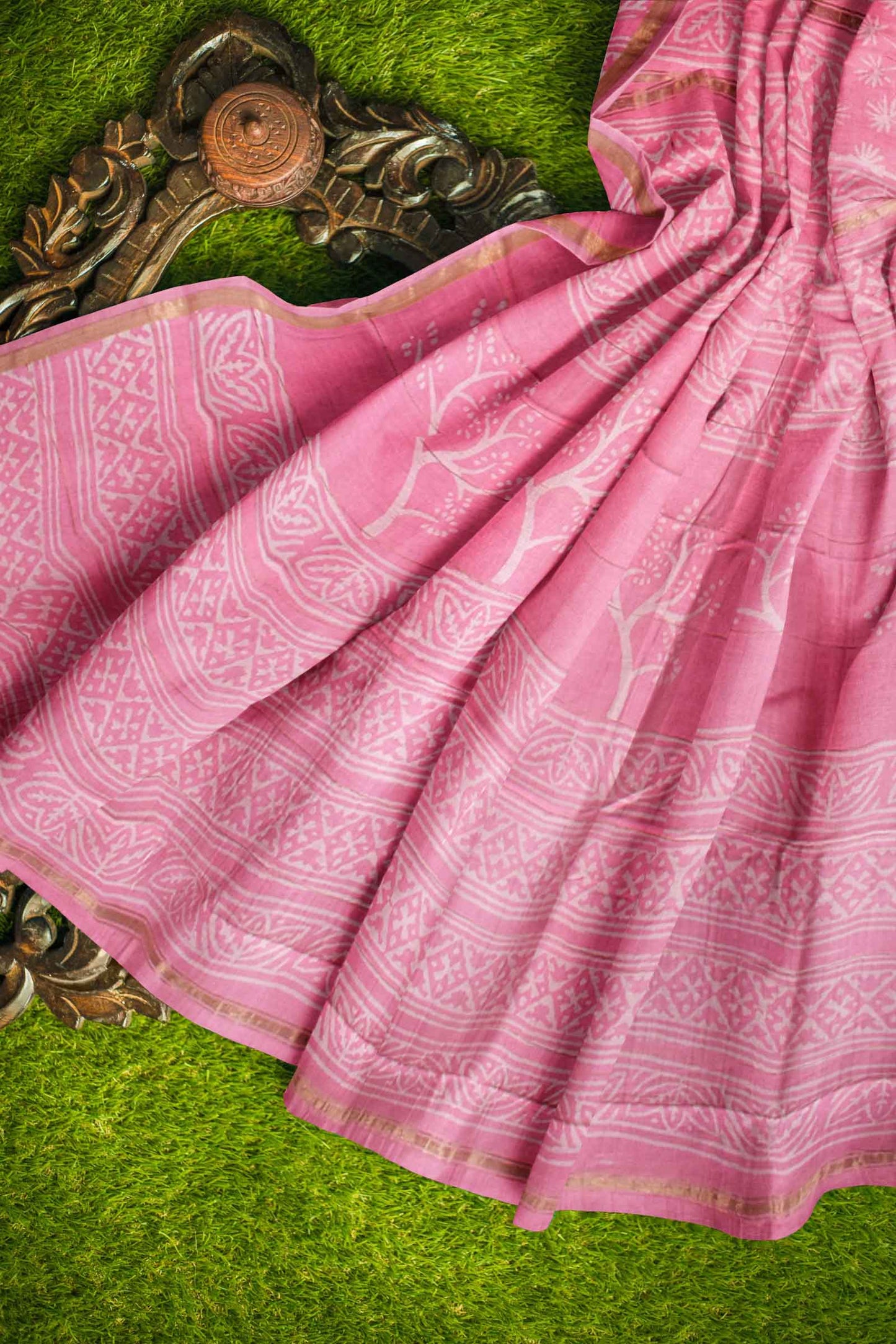 Pink Tree Chanderi Small Jari Border Saree