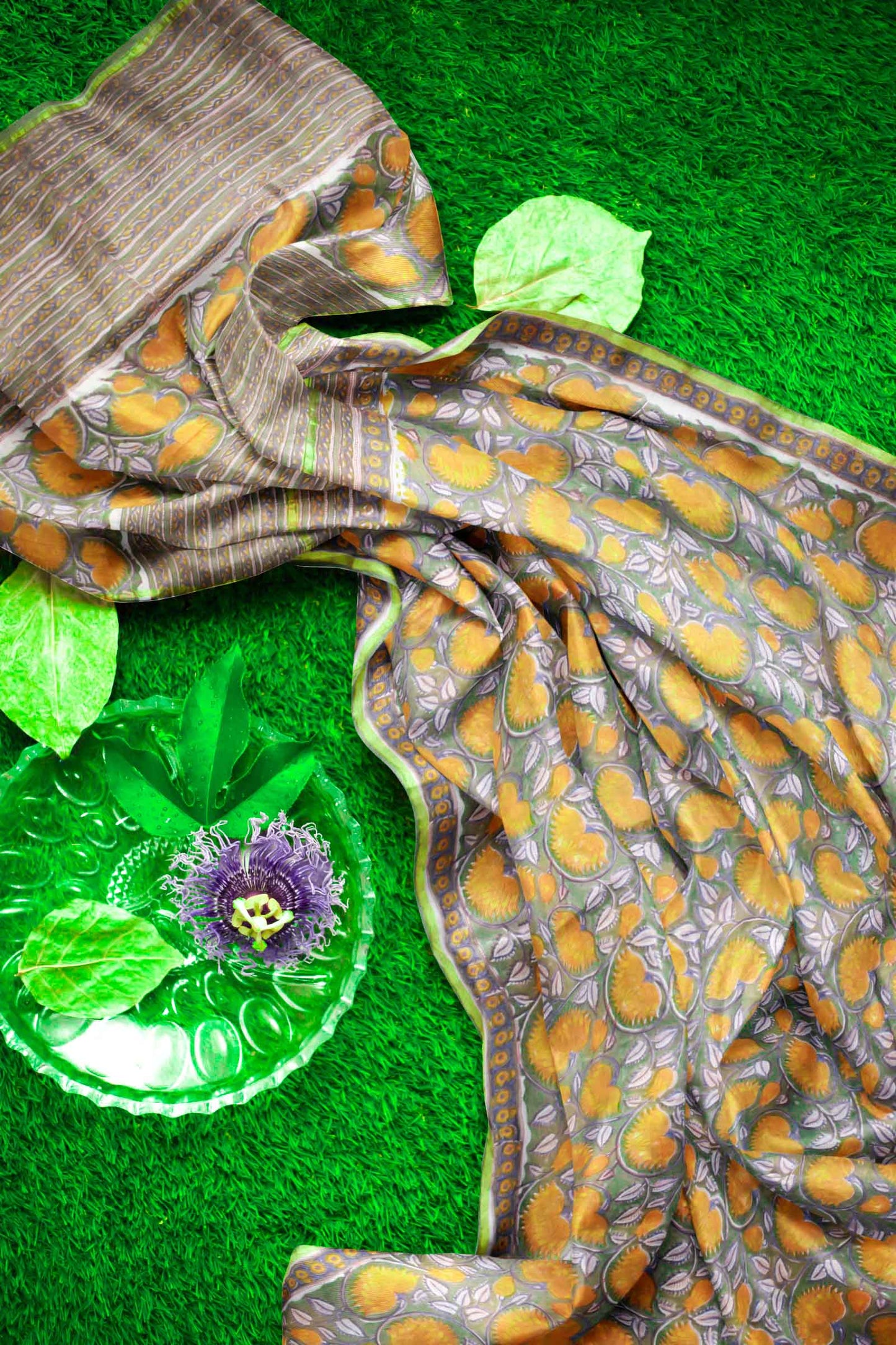 Light Green Flower Chanderi Small Jari Border Saree