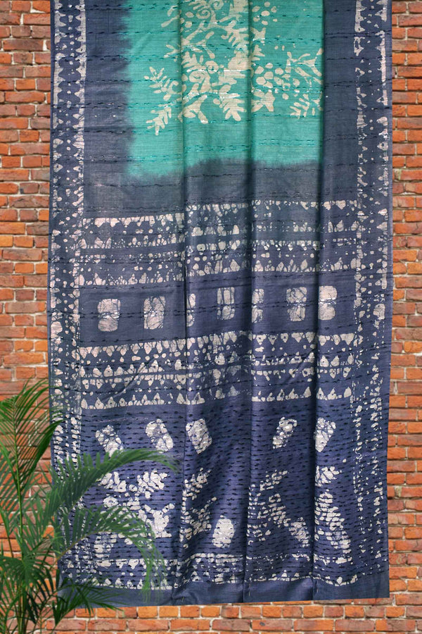 Green Blue Cotton Banswara Batik Print Saree