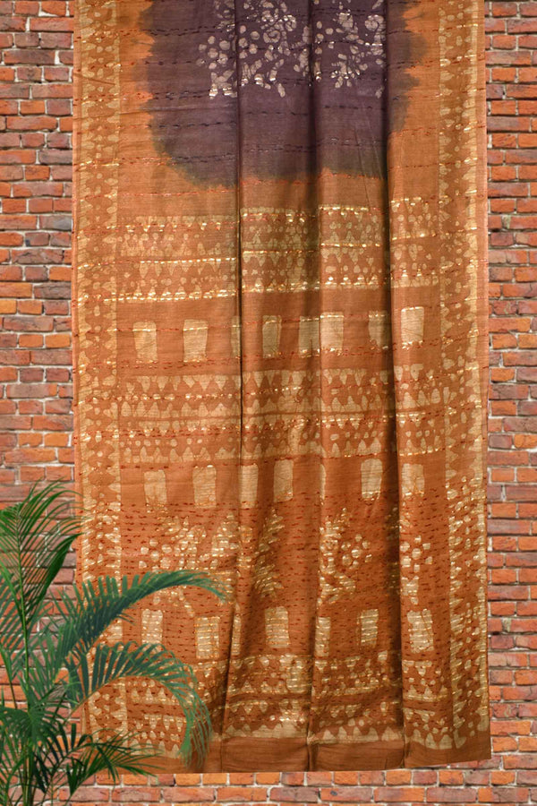 Dark Brown Cotton Banswara Batik Print Saree