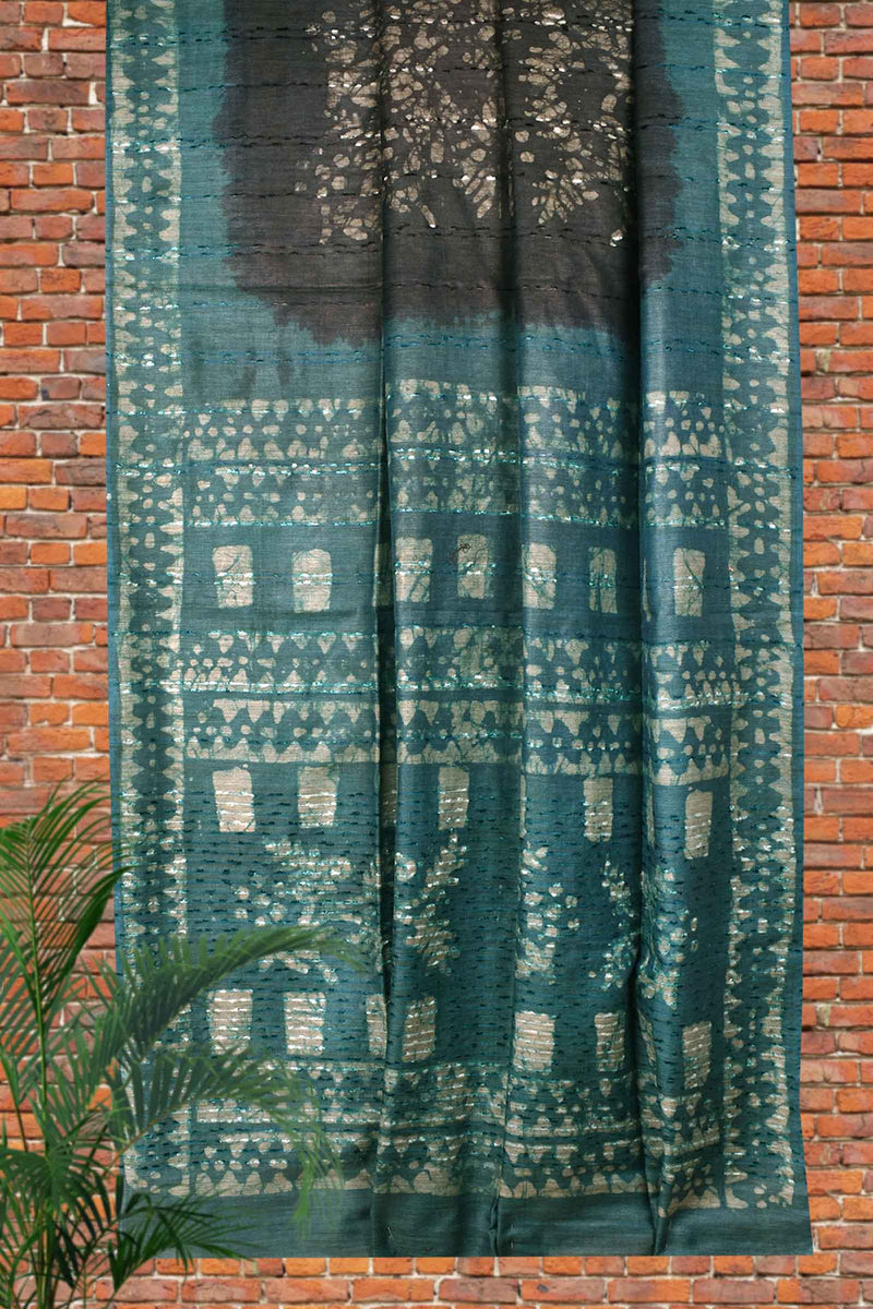 Dark Grey Cotton Banswara Batik Print Saree