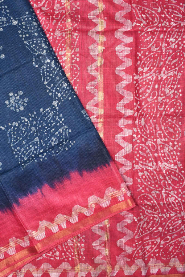 Blue Pink Cotton Banswara Batik Print Saree