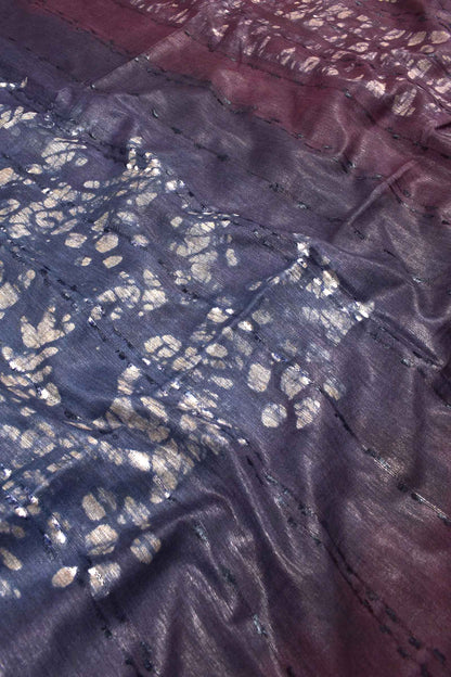 Blue Brown Cotton Banswara Batik Print Saree