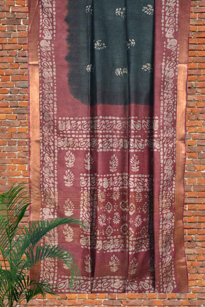 Grey Cotton Batik Print Saree