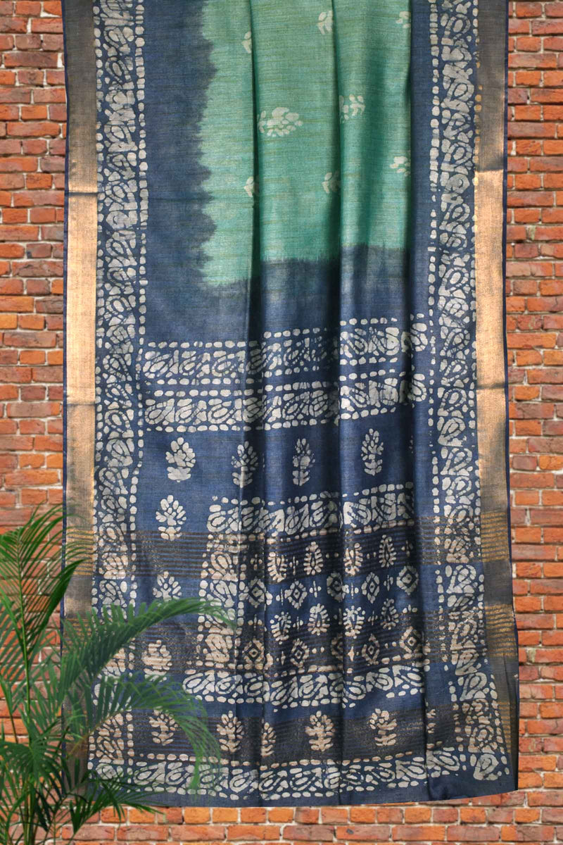 Green Khadi Batik Print Saree