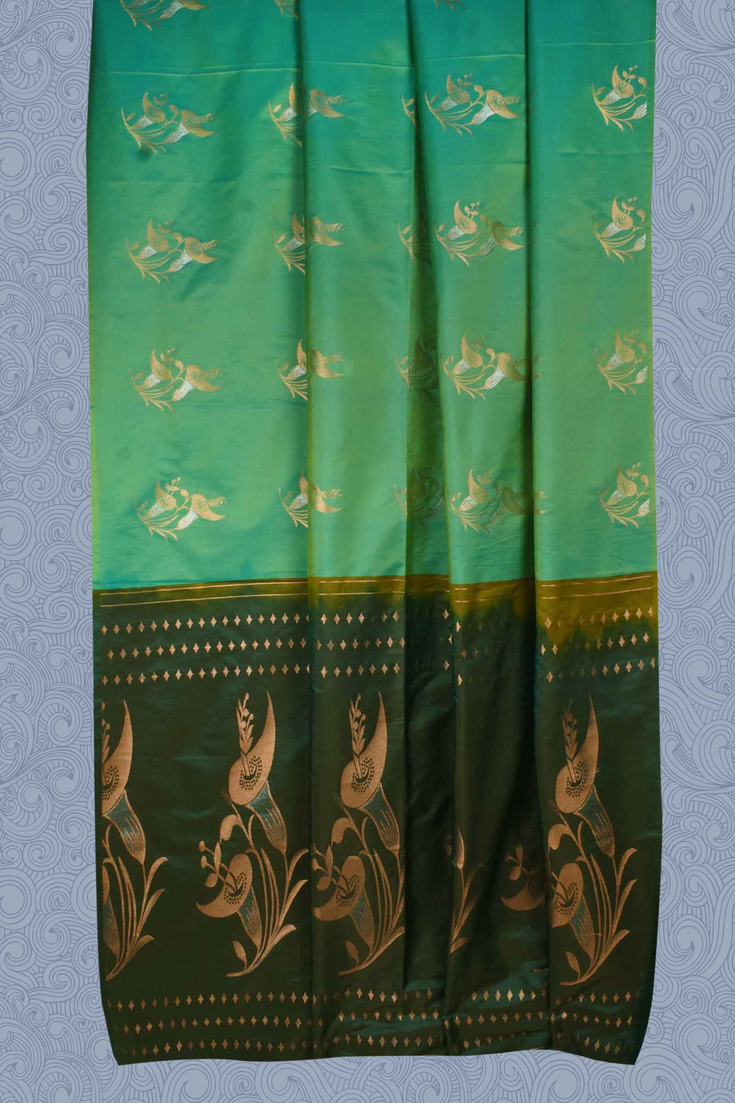 Green Without Border Double Jari Butta Rich Pallu Semi Soft Silk Saree