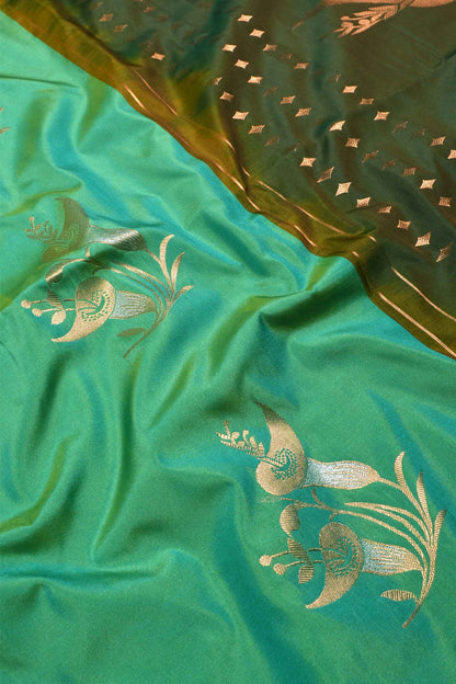 Green Without Border Double Jari Butta Rich Pallu Semi Soft Silk Saree