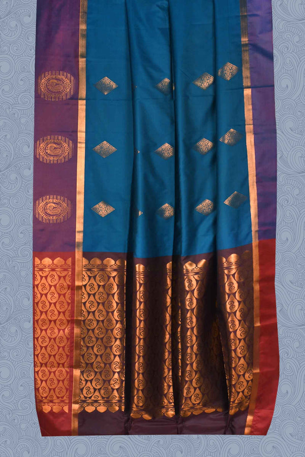 Blue Contrast Kottanj Peacock Border Semi Soft Silk Saree