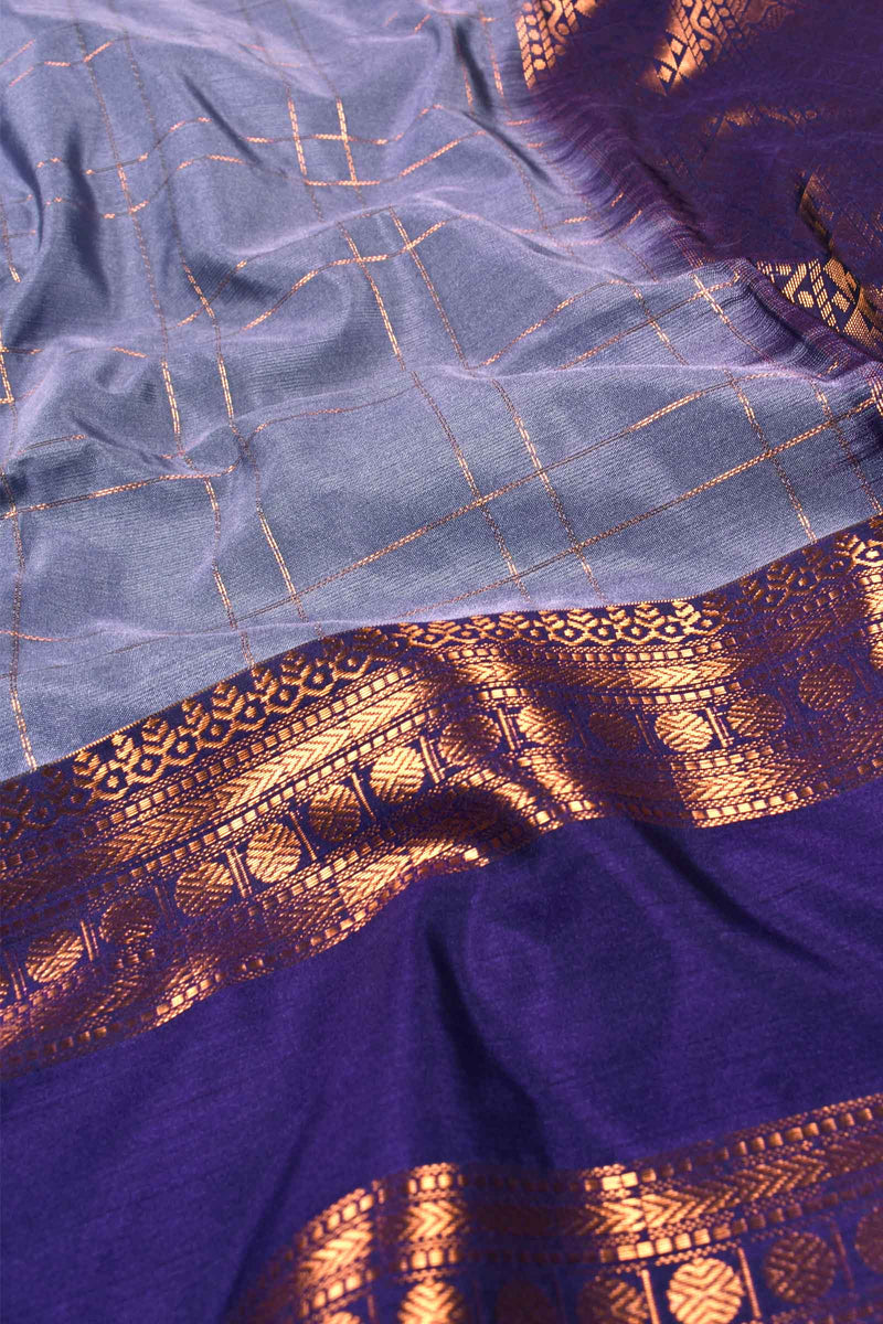 Light Violet Body Checks Rudraksh Double Border Semi Soft Silk Saree