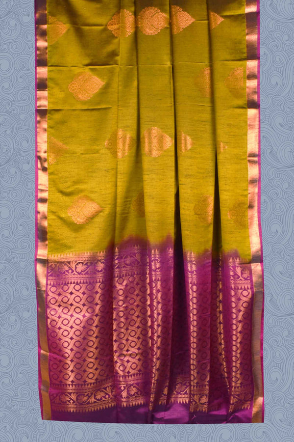 Green Pink Dupion Slub Traditional Butta Small Border Semi Soft Silk Saree