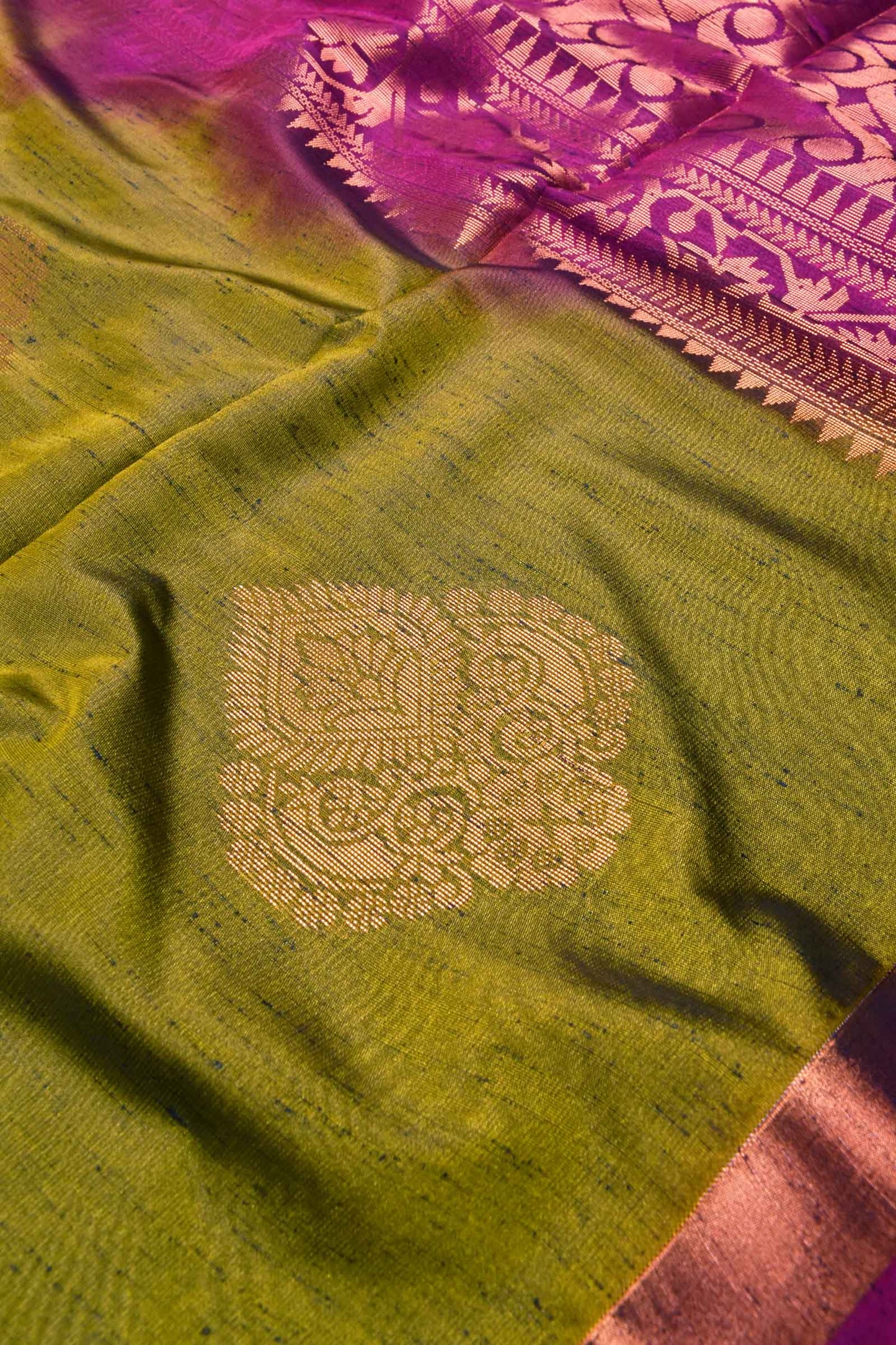 Green Pink Dupion Slub Traditional Butta Small Border Semi Soft Silk Saree