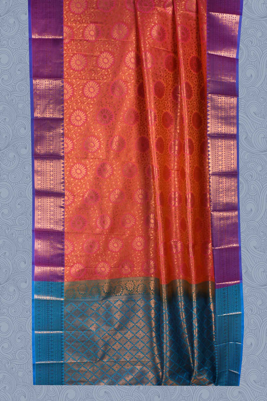 Orange Blue Full Jari Flower Weaving Semi Soft Silk Saree