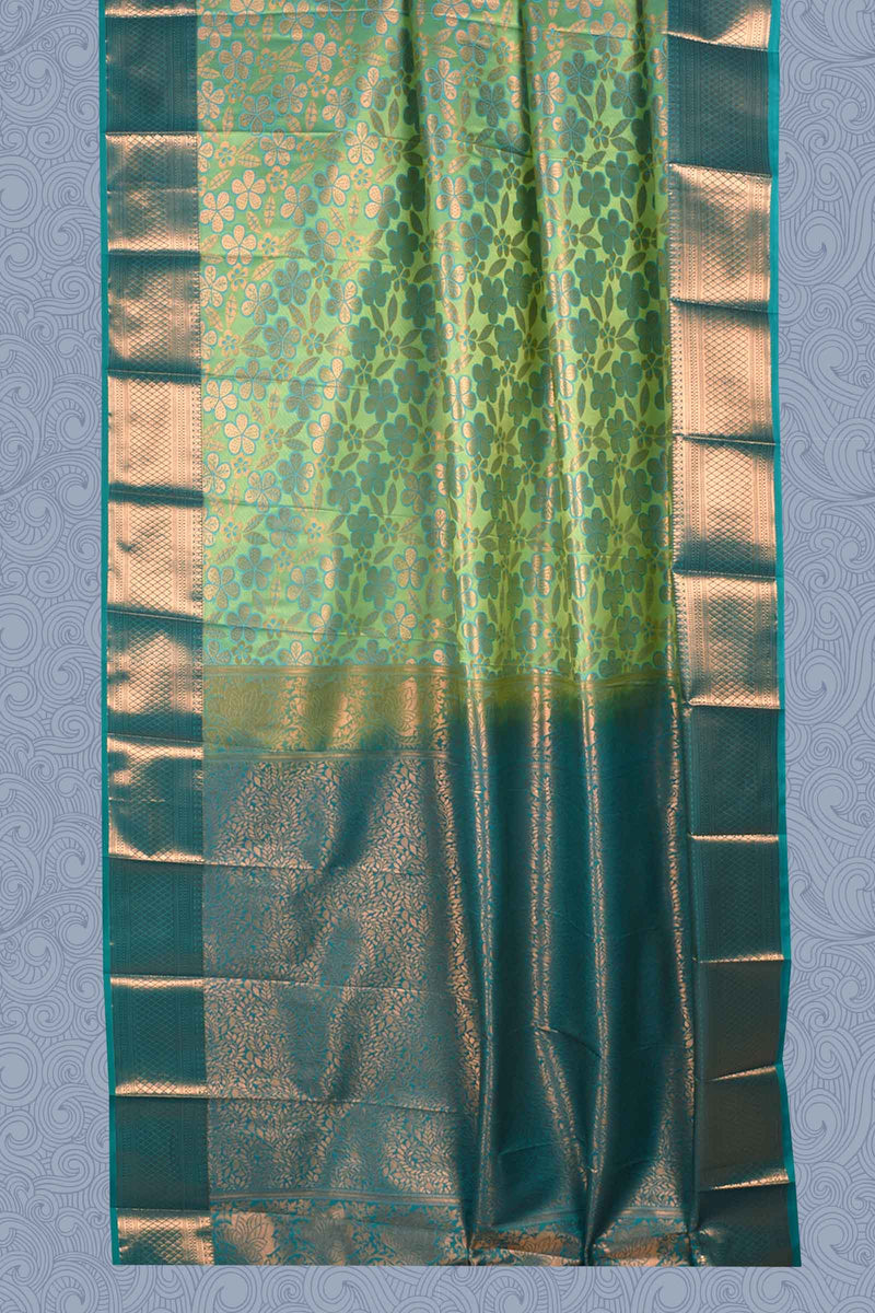 Green Blue Full Jari Flower Weaving Semi Soft Silk Saree