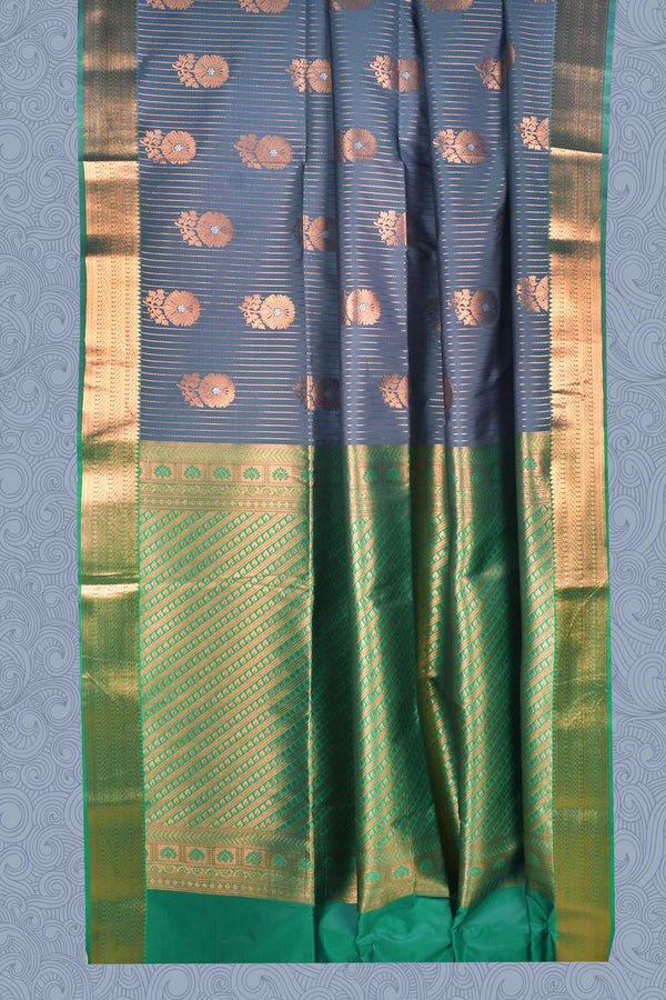 Grey Green Jari Lines Butta Border Contrast Semi Soft Silk Saree