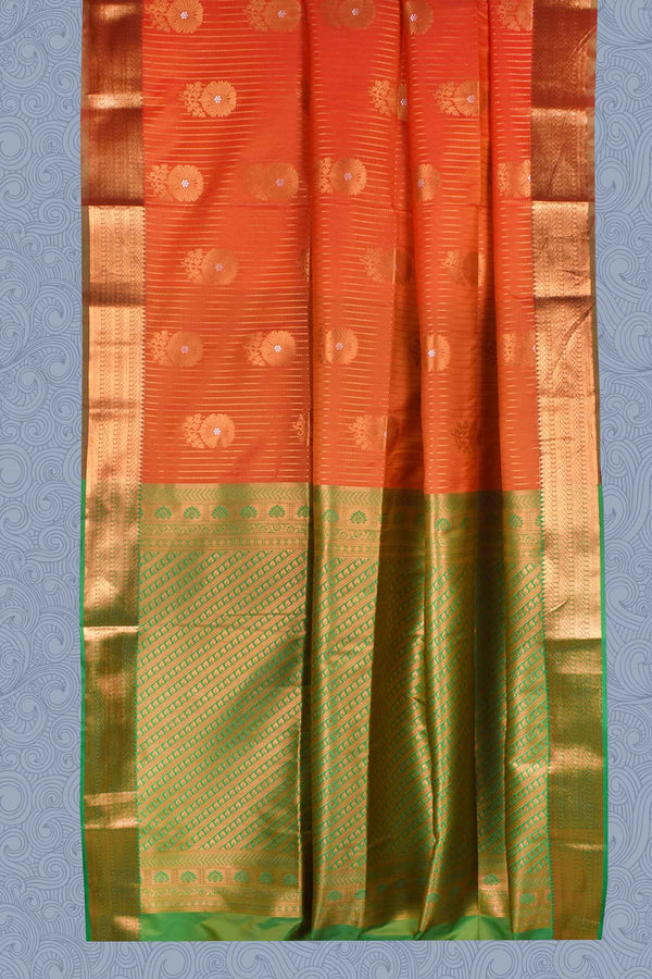Orange Green Jari Lines Butta Border Contrast Semi Soft Silk Saree