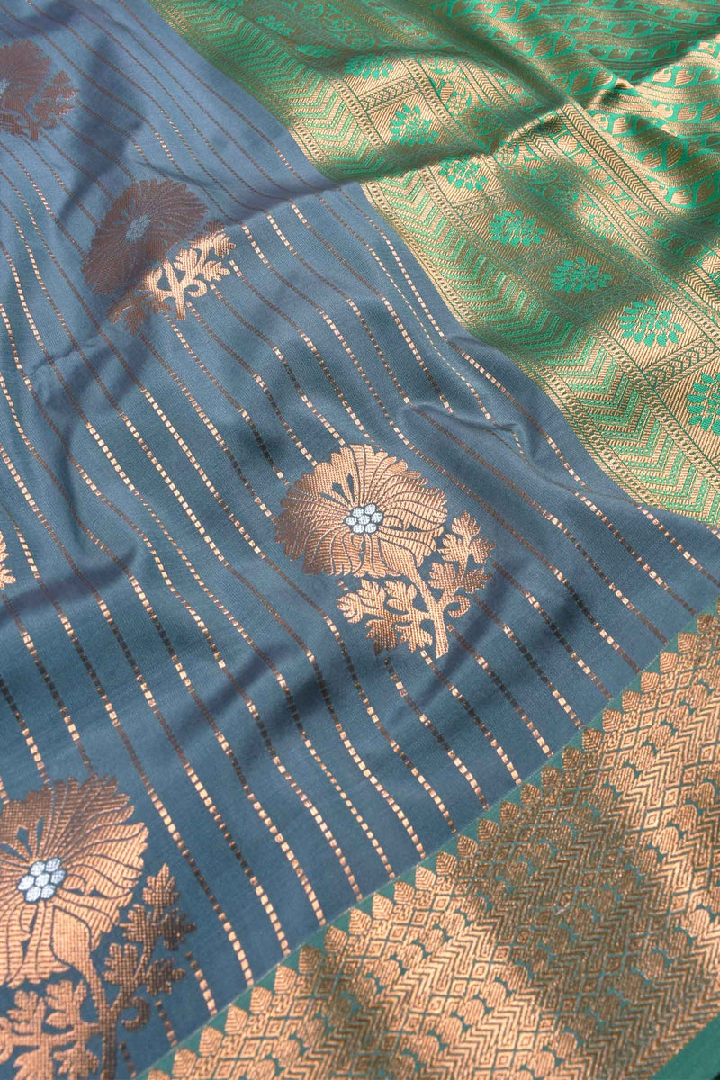 Grey Green Jari Lines Butta Border Contrast Semi Soft Silk Saree