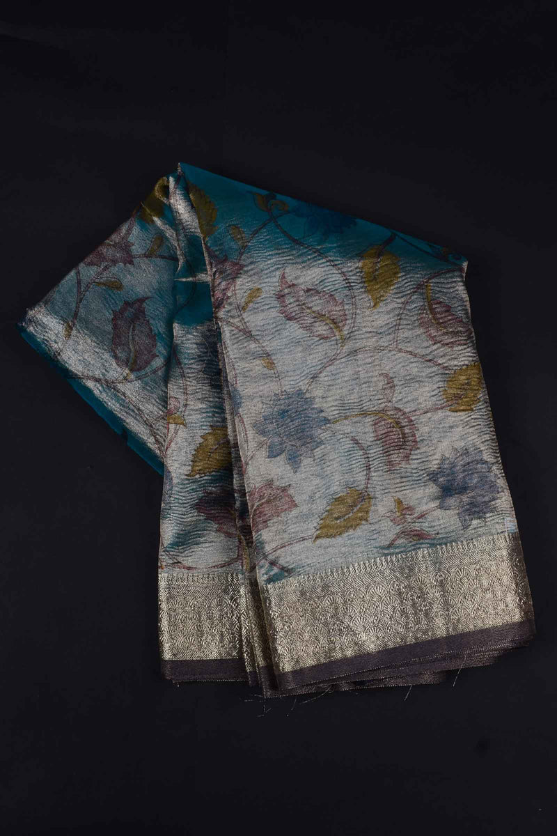 Blue Crush Leaf Flower Jaal Tissue Saree