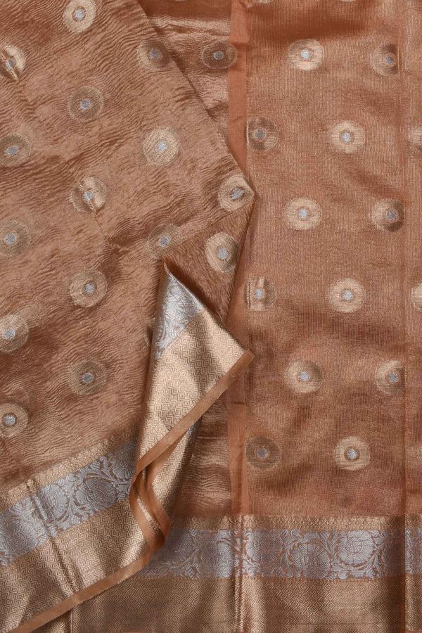 Brown Banaras Tissue Crush Silver Jari Butta Saree