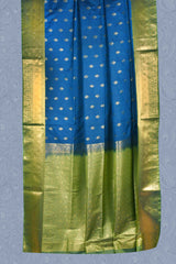 Blue Body Butta Rich Pallu Border Green Contrast Semi Soft Silk Saree