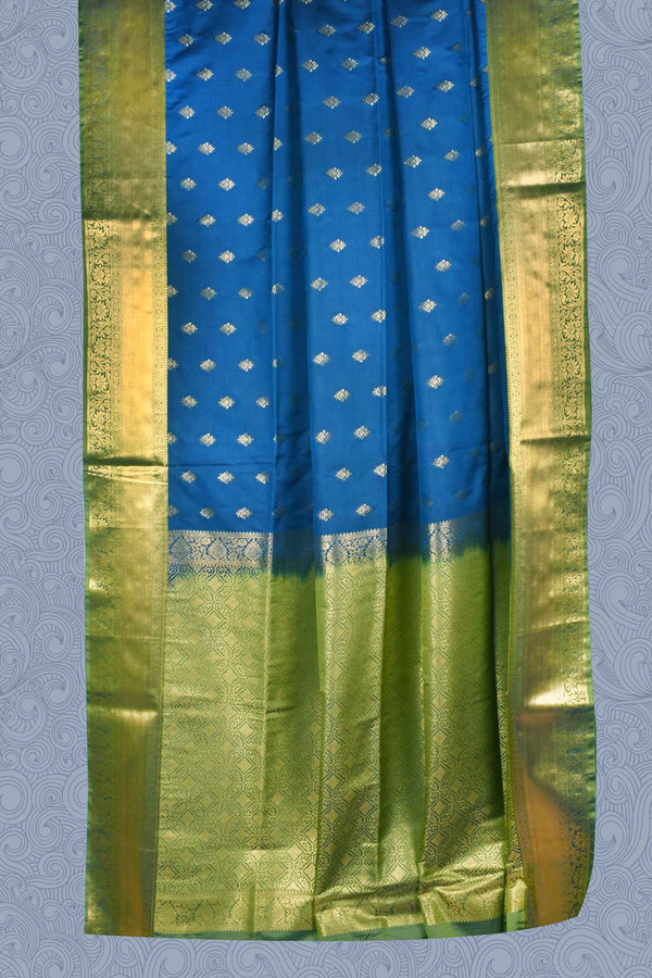 Blue Body Butta Rich Pallu Border Green Contrast Semi Soft Silk Saree