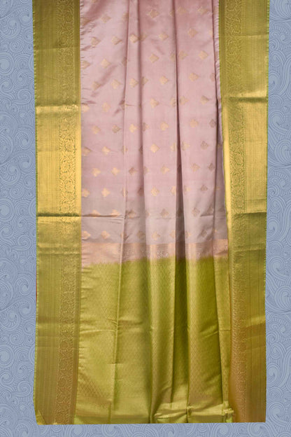 Peach Body Butta Rich Pallu Border Green Contrast Semi Soft Silk Saree