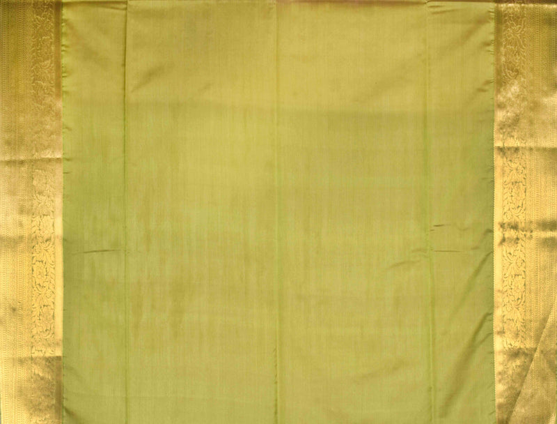 Peach Body Butta Rich Pallu Border Green Contrast Semi Soft Silk Saree