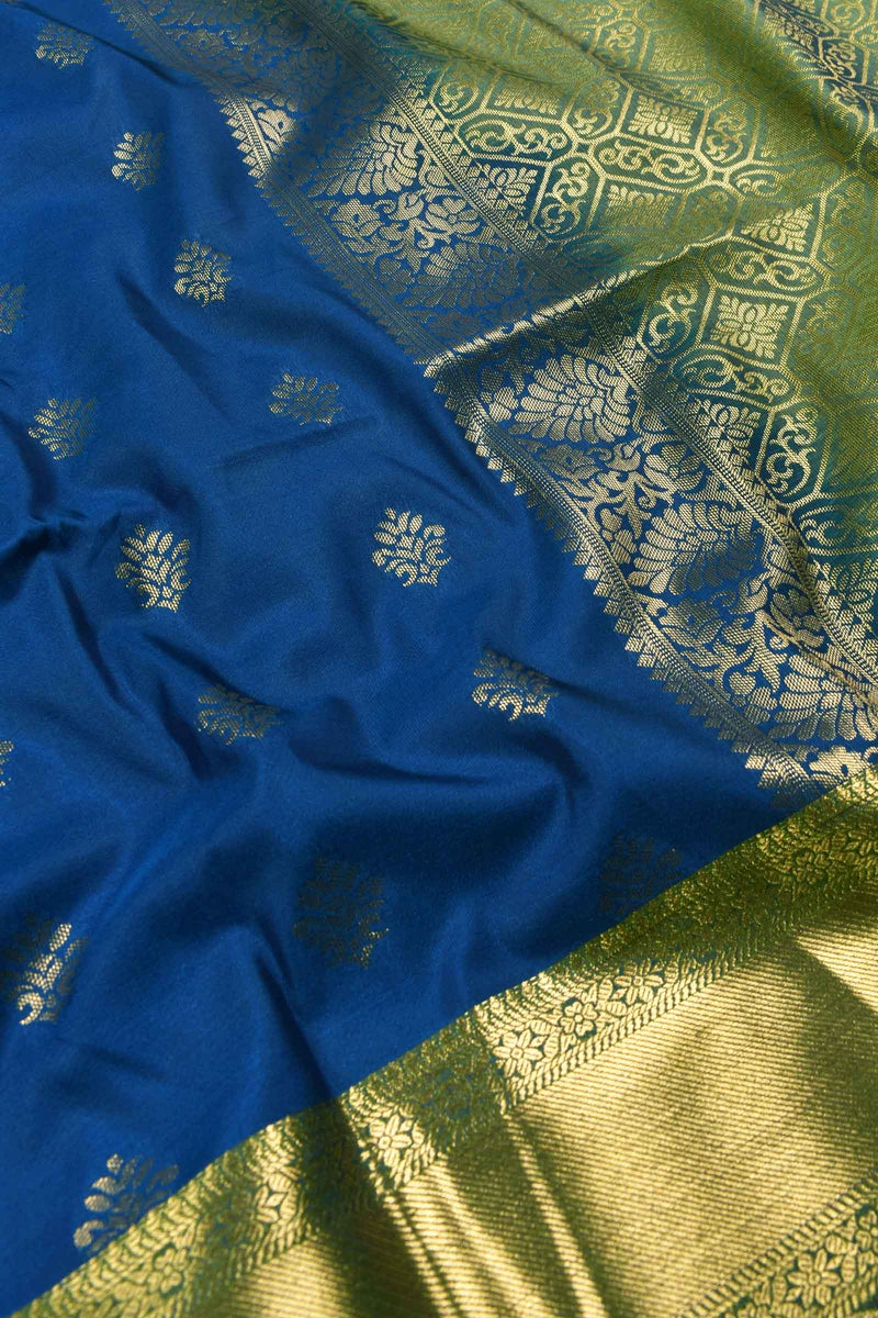 Blue Body Butta Rich Pallu Border Green Contrast Semi Soft Silk Saree