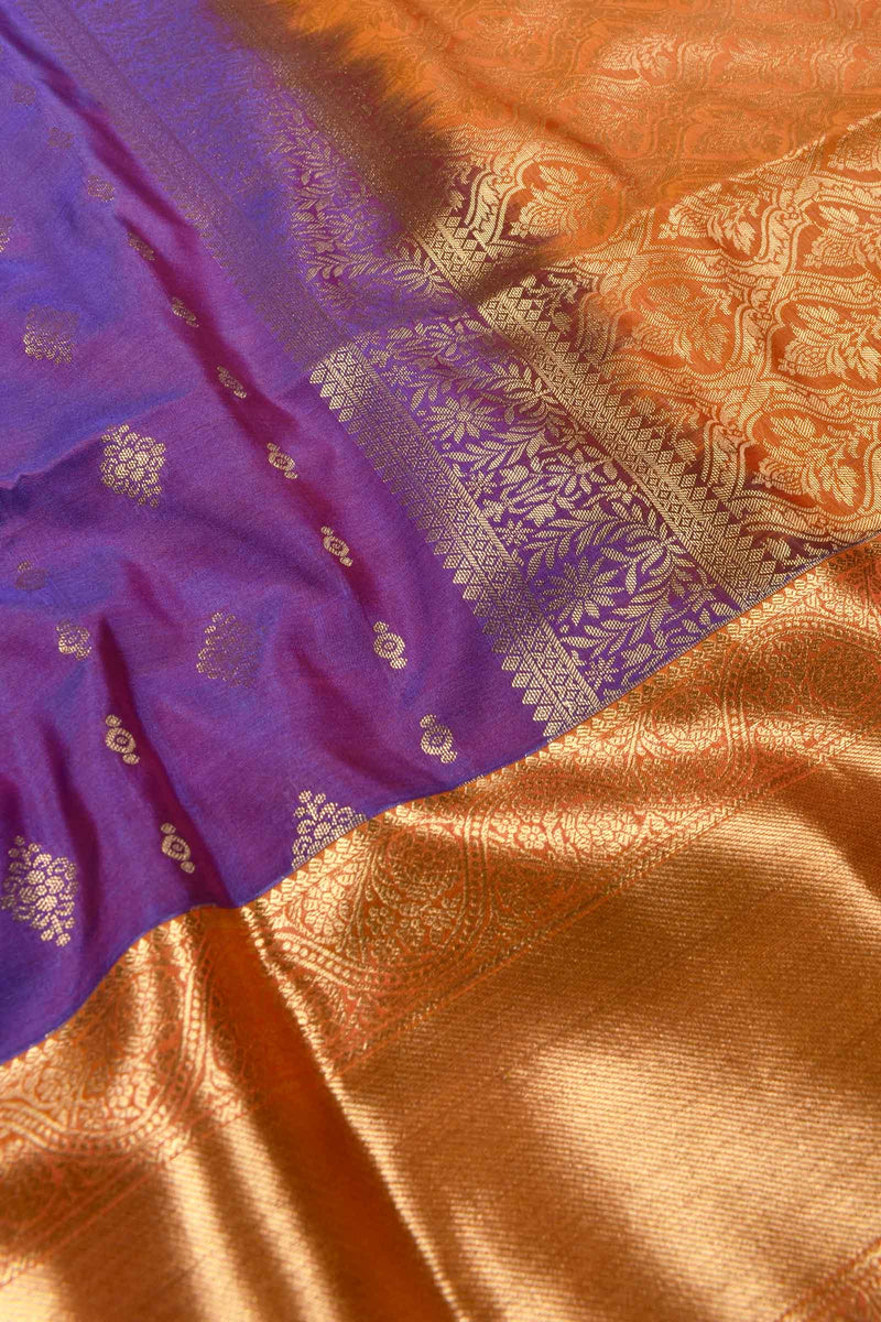 Violet Body Butta Rich Pallu Border Orange Contrast Semi Soft Silk Saree