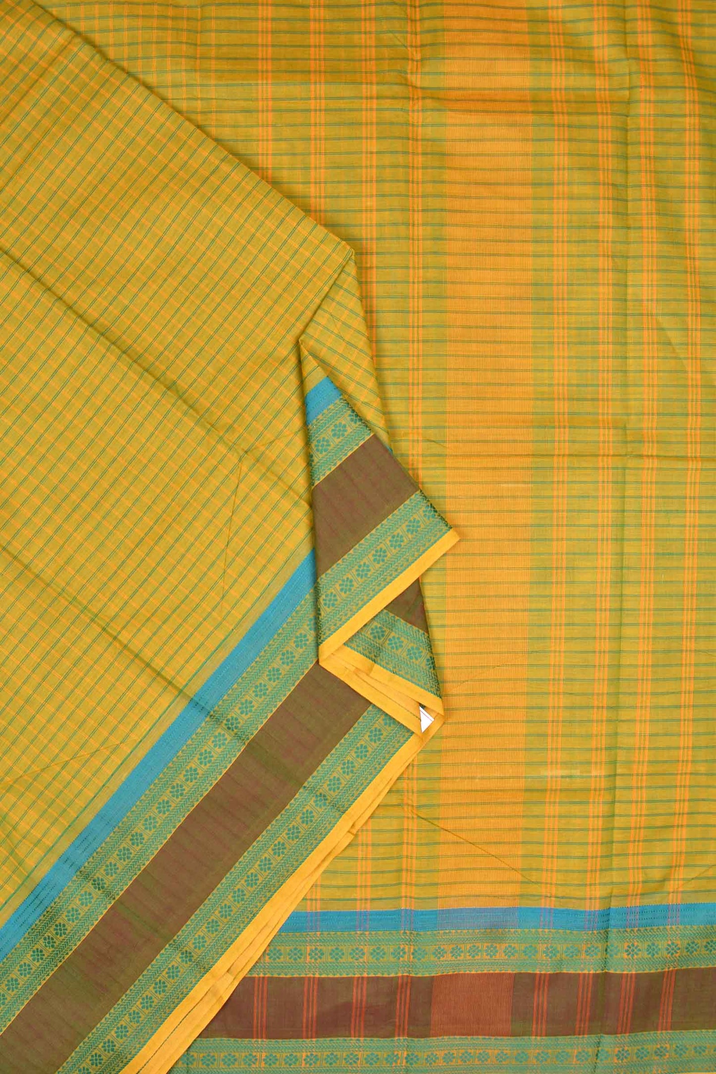 Yellow Chettinad Pure Cotton Checks Double Border Saree