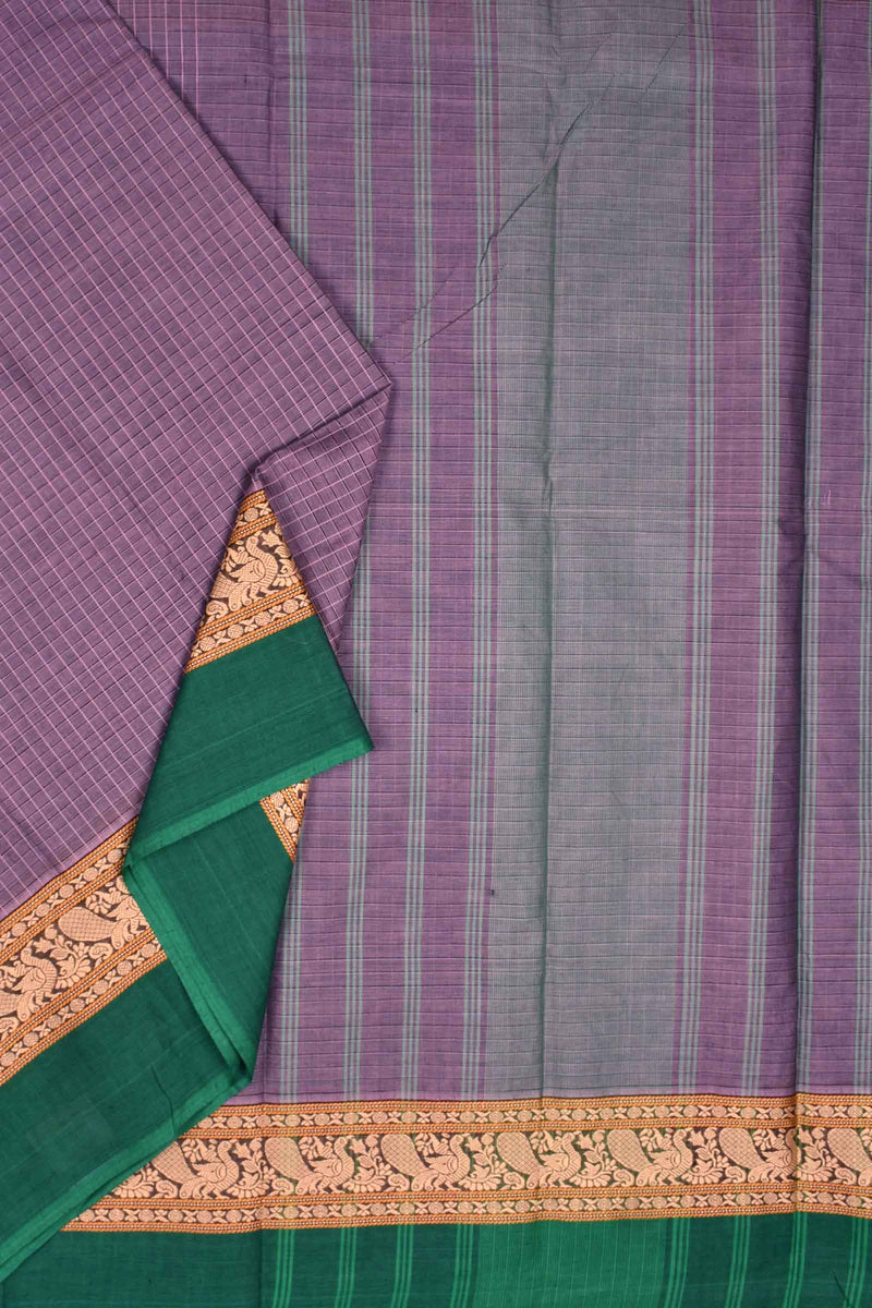 Light Violet Chettinad Pure Cotton Thread Peacock Body Checks Saree